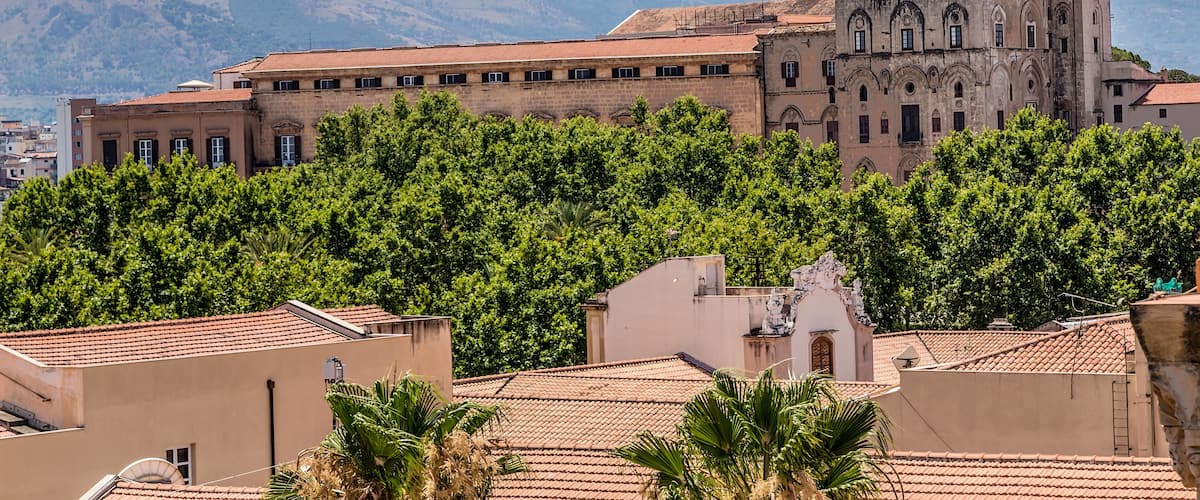 Palermo, Italy. View Norman Palace from the roof of the Cathedral. To the right is the leaning tower of Pisa; Shutterstock ID 762157141