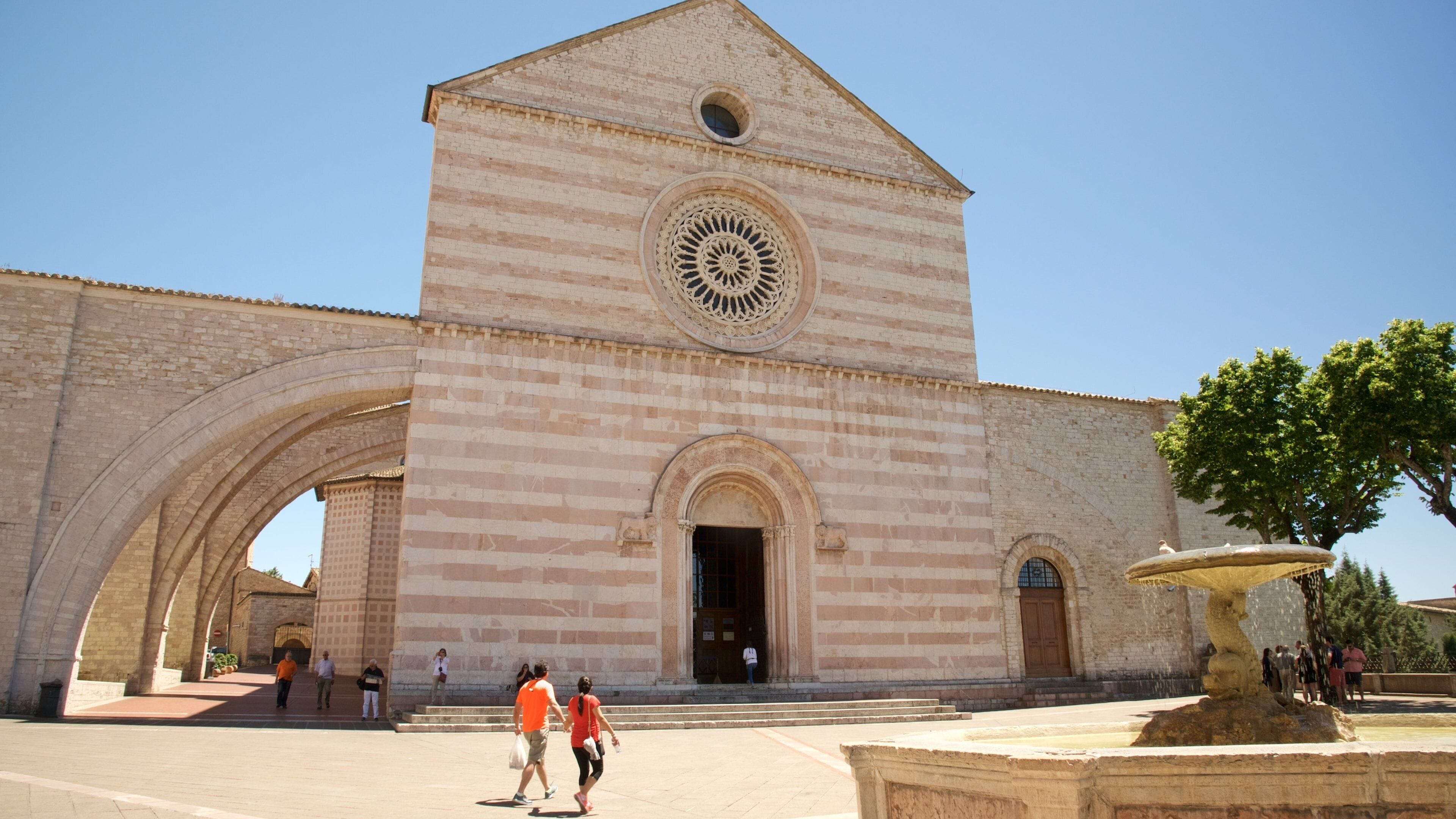 Basilique Sainte-Claire montrant fontaine, église ou cathédrale et patrimoine architectural