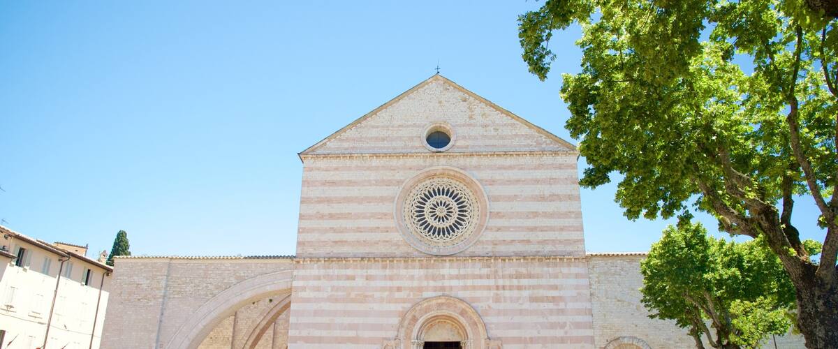 Basílica de Santa Clara, Asís, Italia que incluye una iglesia o catedral y arquitectura patrimonial y también un gran grupo de personas