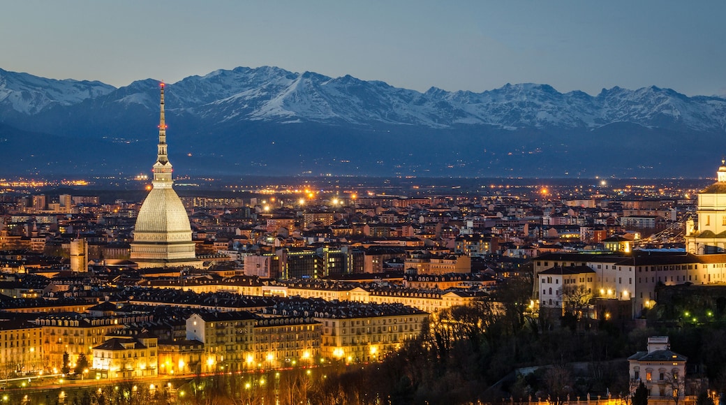 Turin (Torino), night panorama with Mole Antonelliana and Alps