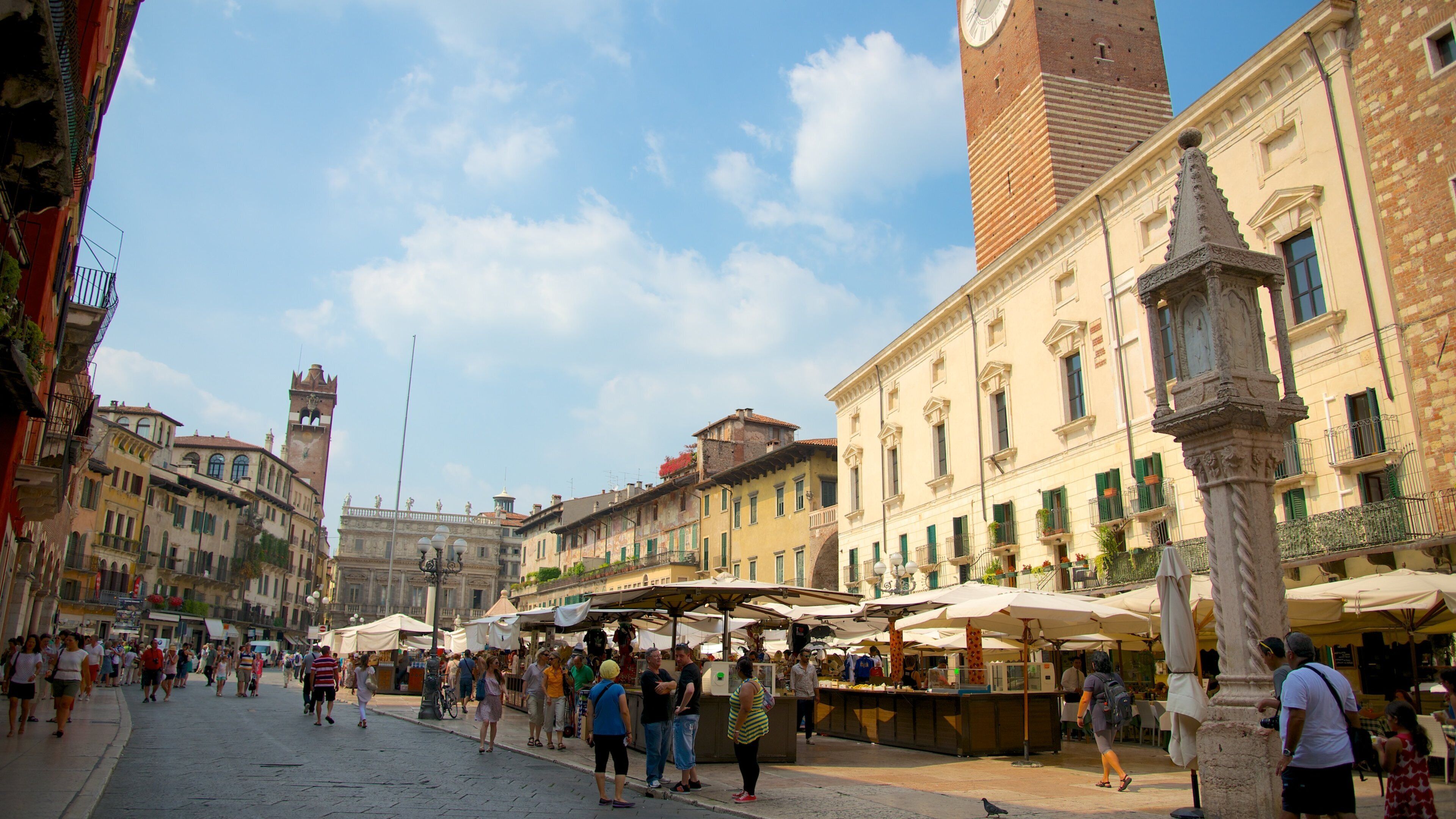 Piazza delle Erbe showing a square or plaza, a city and heritage architecture