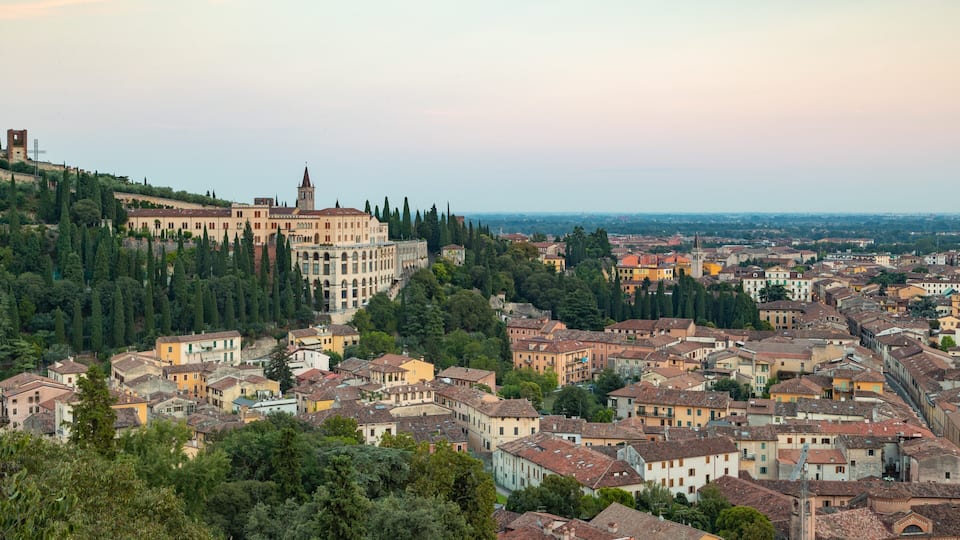 A historic town with a prominent church and castle on a hill, surrounded by dense greenery and traditional buildings.