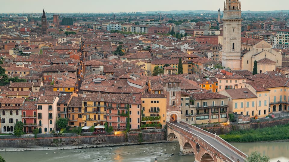 A cityscape with historic buildings, a river, and a bridge.