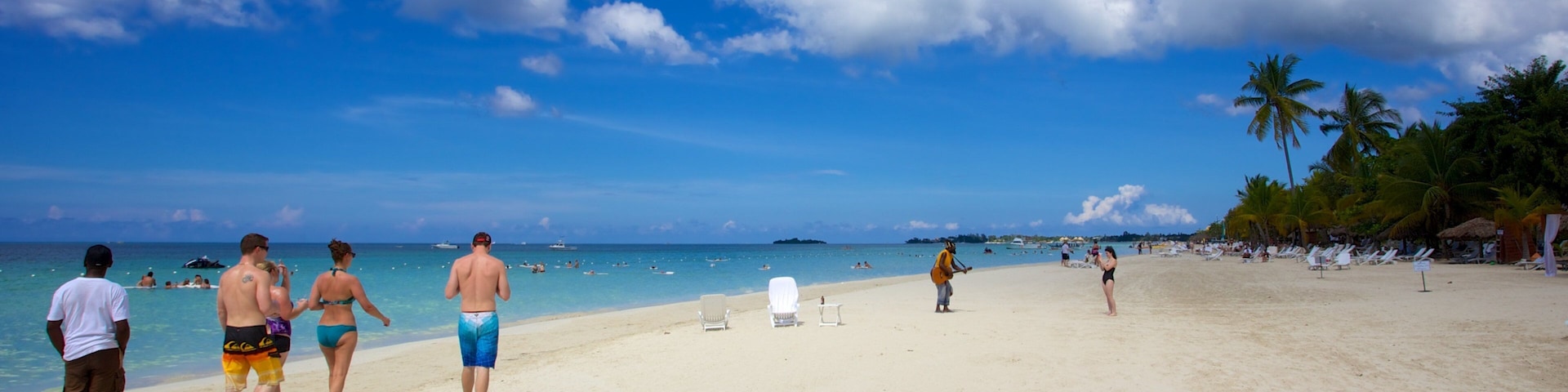 Jamaica which includes tropical scenes and a beach as well as a small group of people