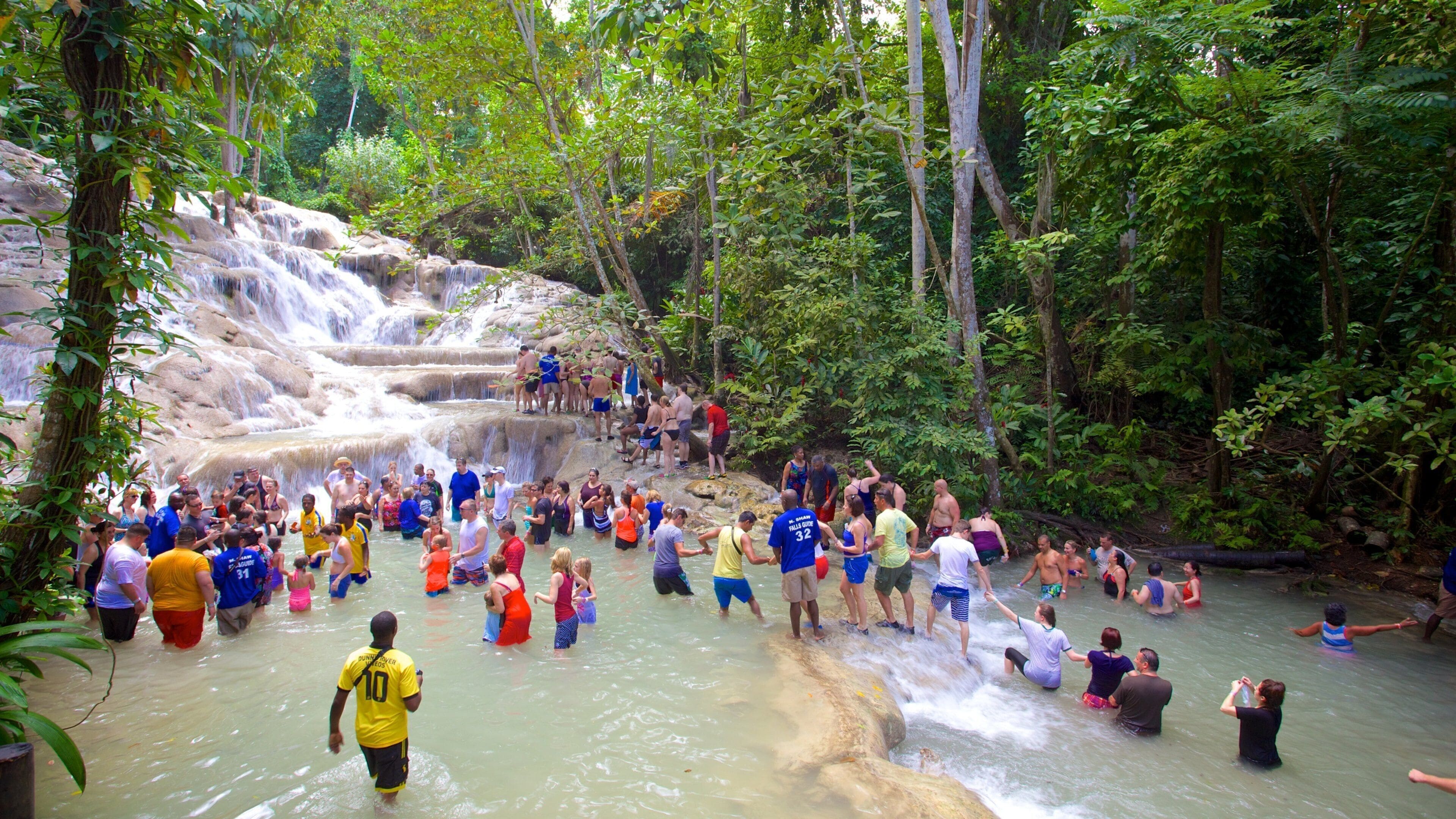 Una cascada en un área boscosa con gente disfrutando del agua.