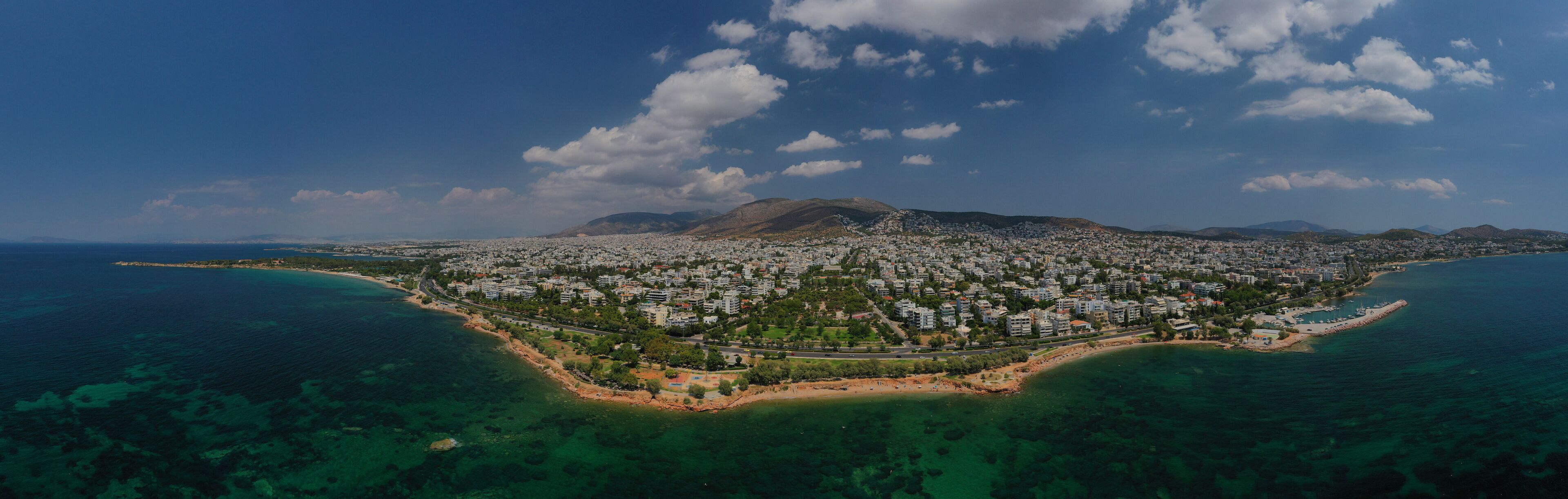 Aerial drone bird's eye view of famous seascape of Athens Riviera, Voula, Attica, Greece