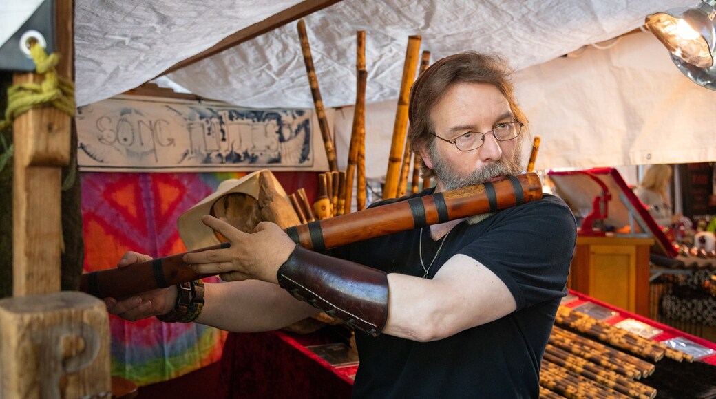 Portland Saturday Market featuring music and markets as well as an individual male