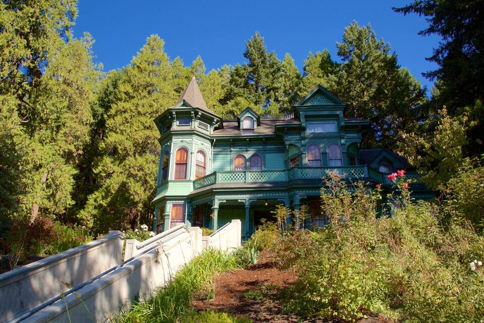 A large, ornate Victorian-style house surrounded by dense forest.