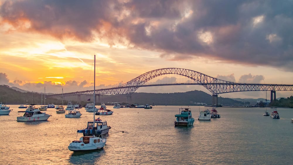 yachts anchoring under the Bridge of the Americas in Balboa at the exit of the Panama Canal Panama