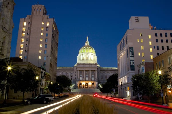 Pennsylvania State Capitol which includes night scenes and street scenes