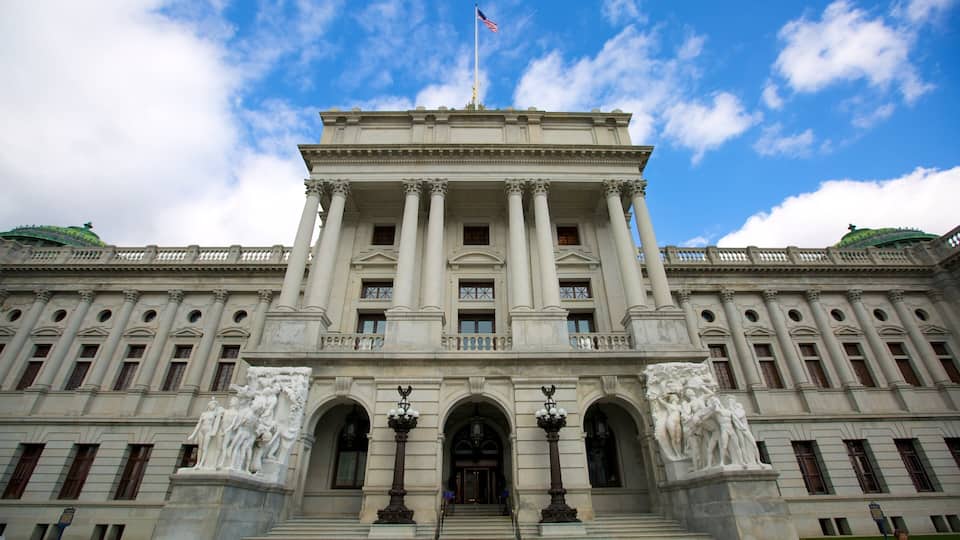 A large neoclassical building with columns, a central entrance, and a flag on top.