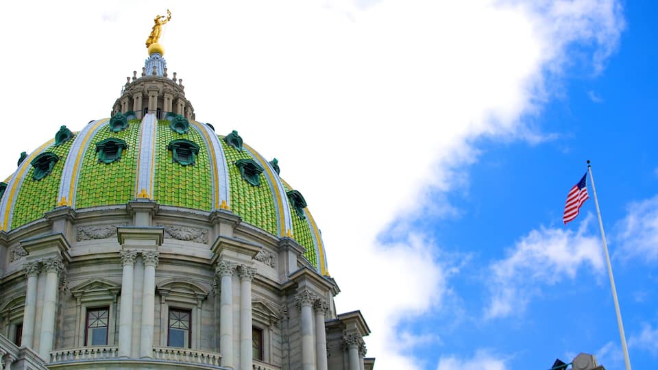 A building with a green-tiled dome and an American flag.