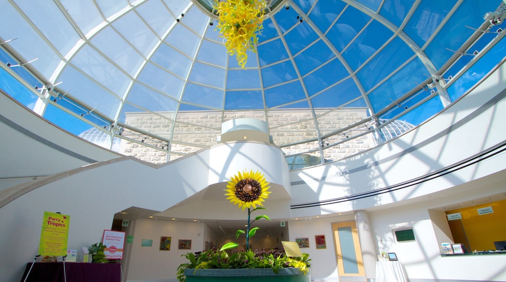 Phipps Conservatory que incluye arquitectura moderna, vistas interiores y flores