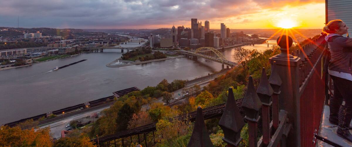 Duquesne Incline showing a sunset, a river or creek and landscape views