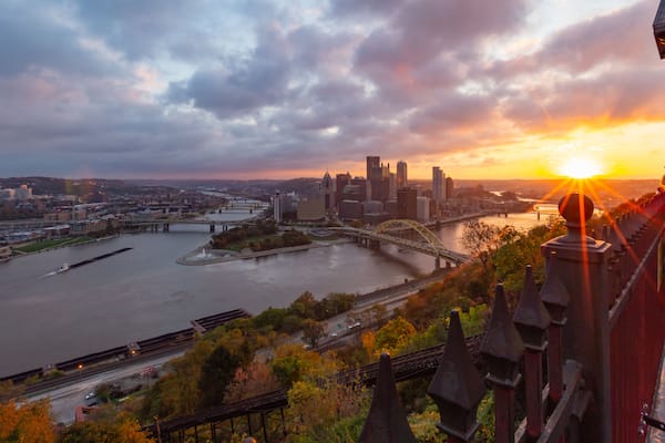 Duquesne Incline showing a sunset, a river or creek and landscape views