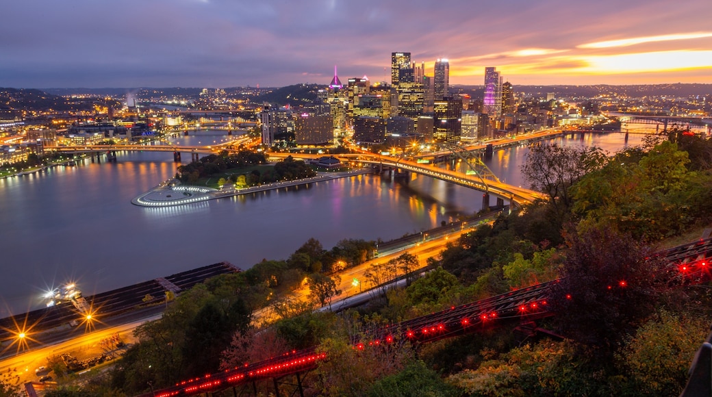 Duquesne Incline showing night scenes, a river or creek and a bridge