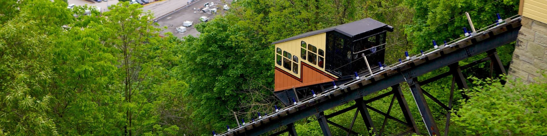 Monongahela Incline showing a river or creek, a gondola and a bridge