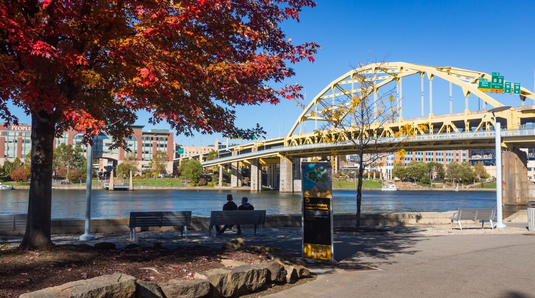 Point State Park showing autumn leaves, a bridge and a river or creek