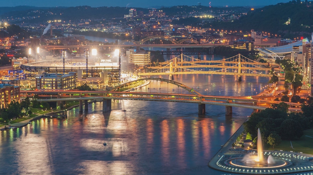 Point State Park which includes a river or creek, a city and night scenes