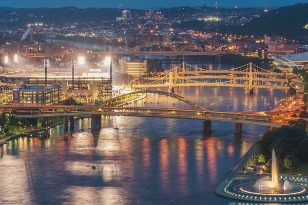 Point State Park which includes a river or creek, a city and night scenes