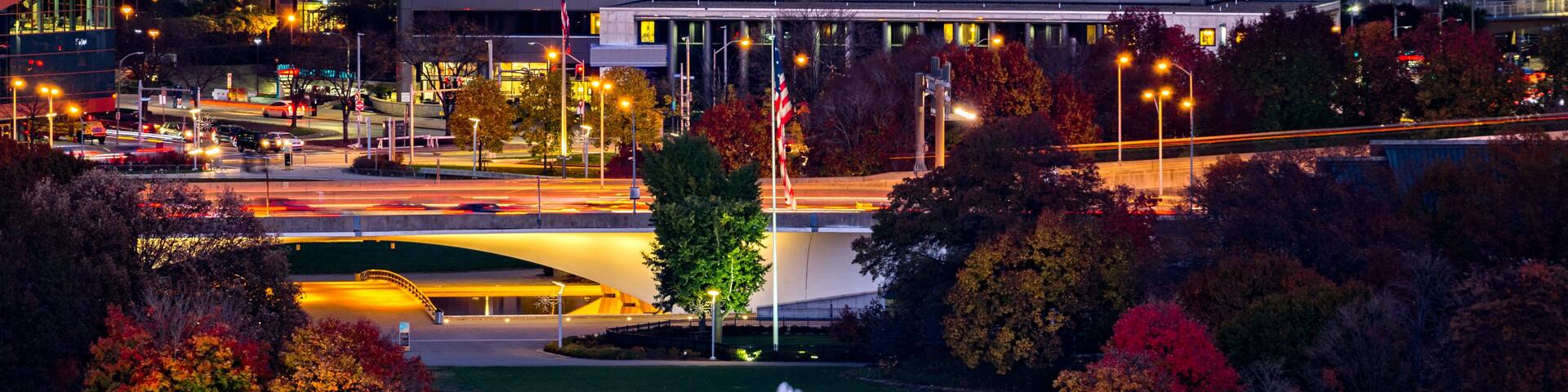 Point State Park in Pittsburgh, Pennsylvania and the iconic illuminated water fountain.