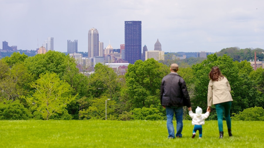 Schenley Park which includes a garden, a high-rise building and a city