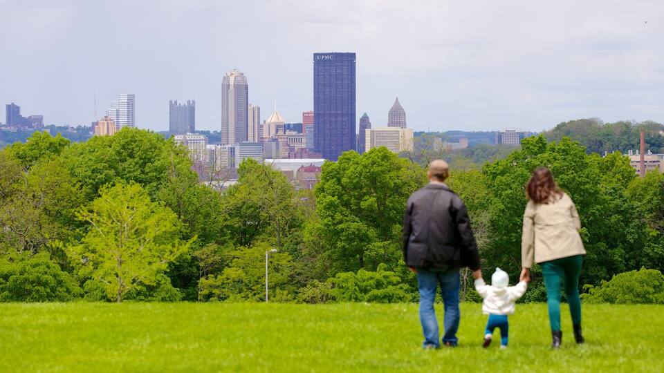 Schenley Park que inclui uma cidade, um arranha-céu e um jardim