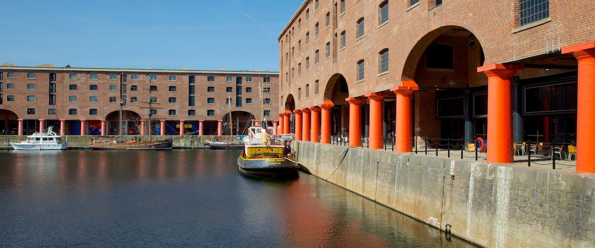 Albert Dock featuring heritage architecture and a bay or harbor