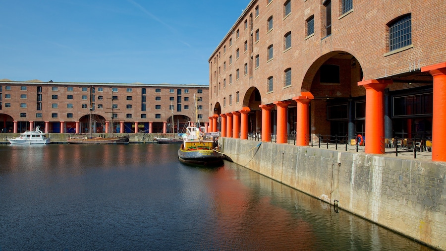Albert Dock showing a bay or harbour and heritage architecture