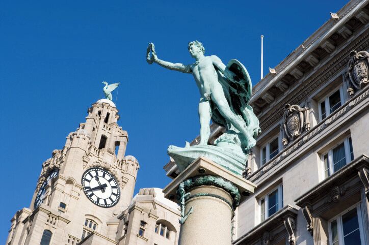 England, Liverpool, Figure of Victory statue outside Cunard Building