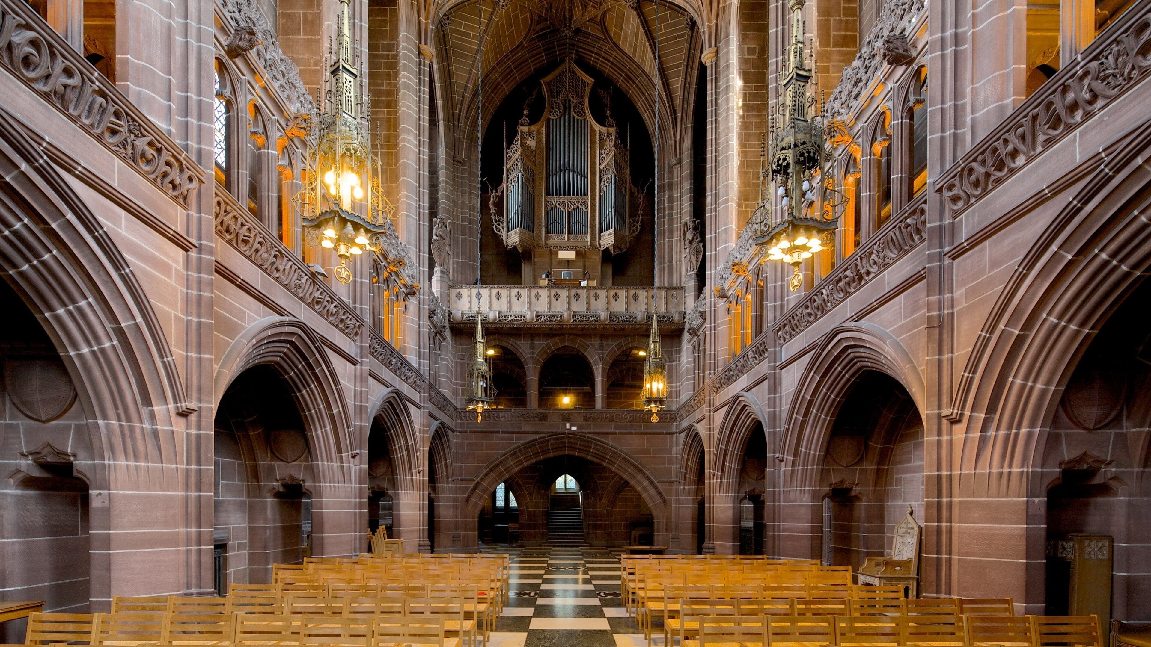 Liverpool Anglican Cathedral which includes religious aspects, interior views and a church or cathedral