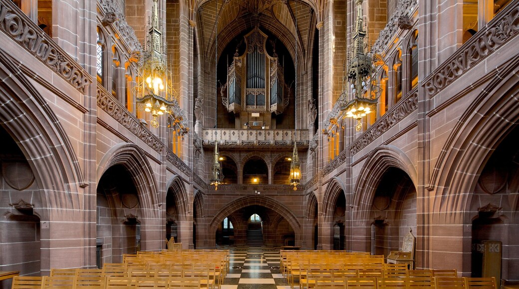 Liverpool Anglican Cathedral which includes religious aspects, interior views and a church or cathedral