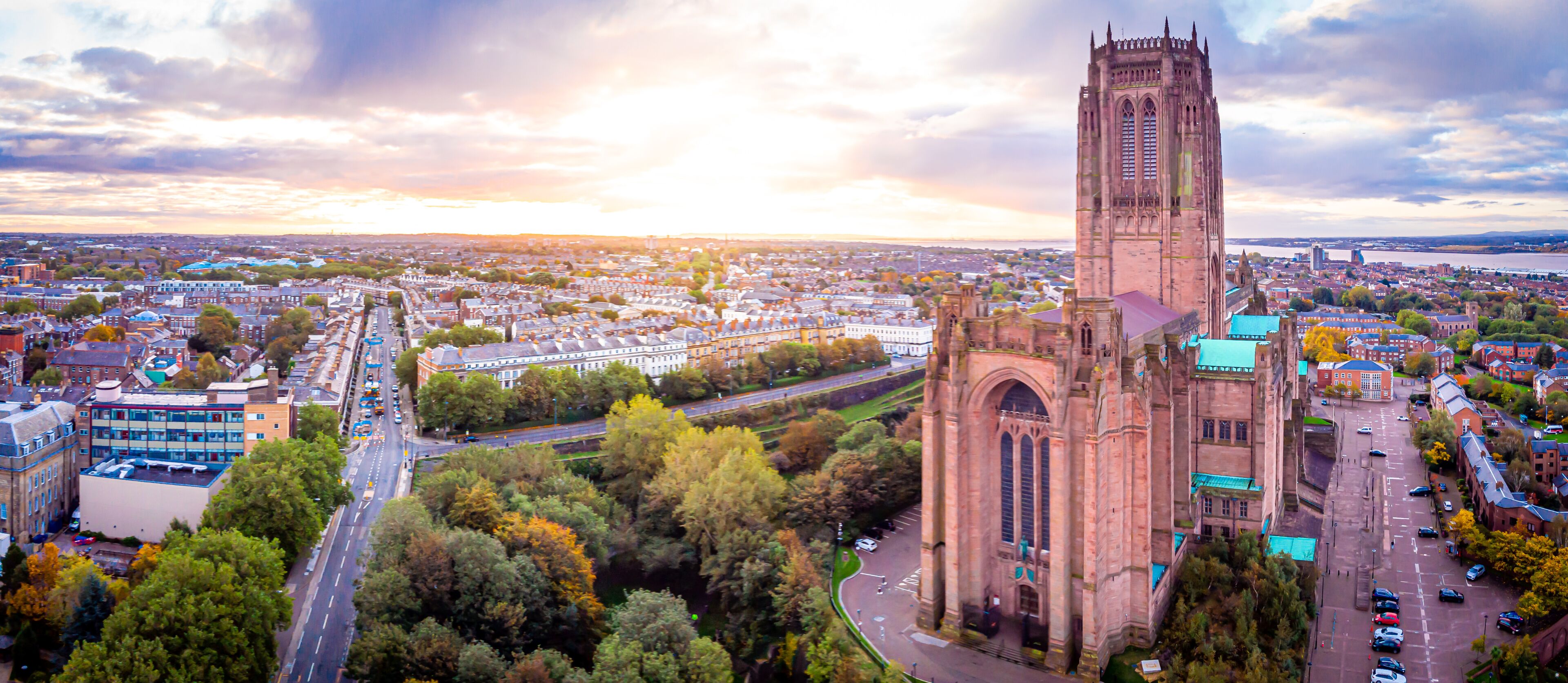 Aerial view of Liverpool Cathedral in the morning, UK