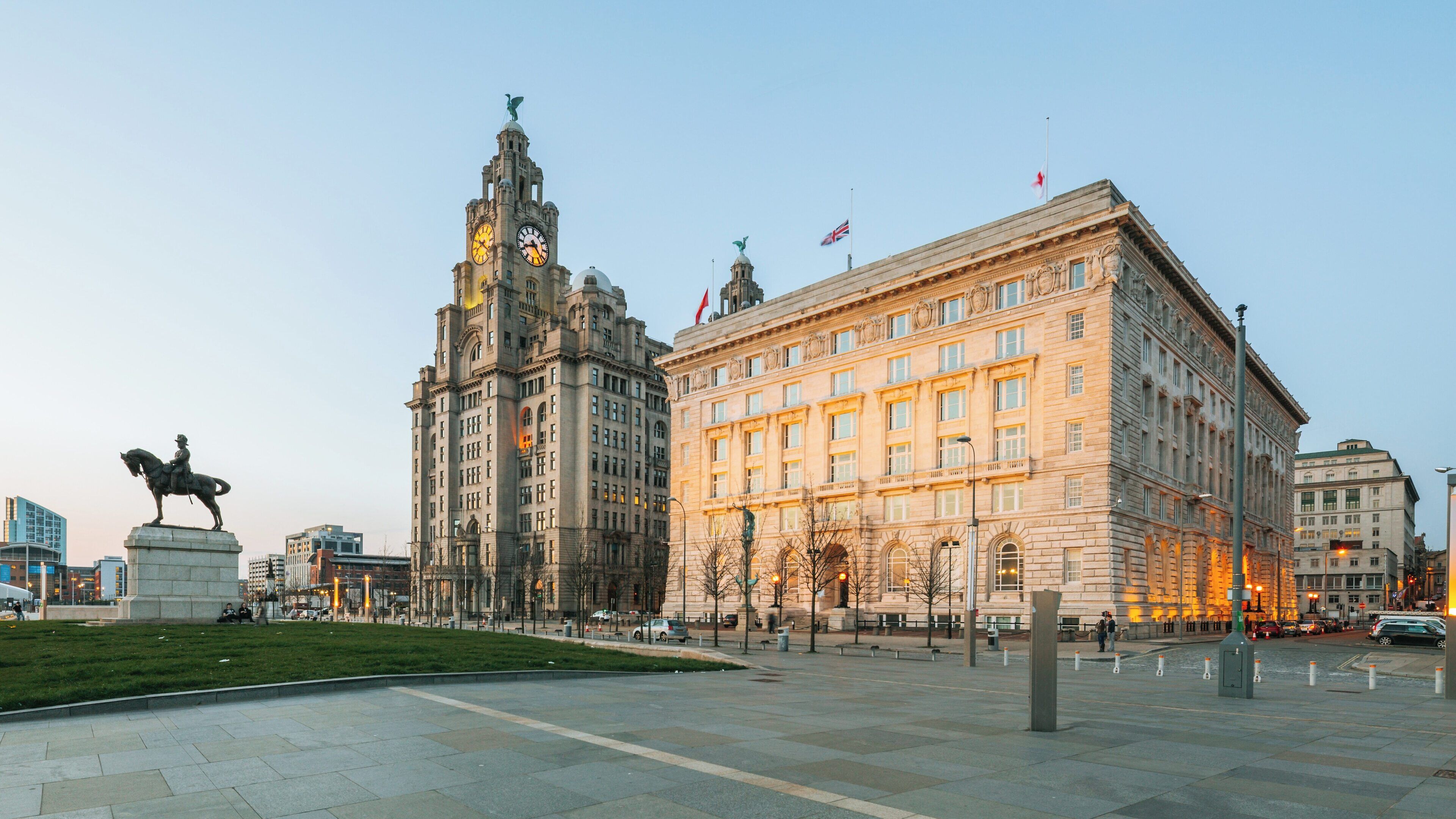 Royal Liver Building stands majestically in Liverpool City Centre during twilight, showcasing its iconic architecture and historical significance