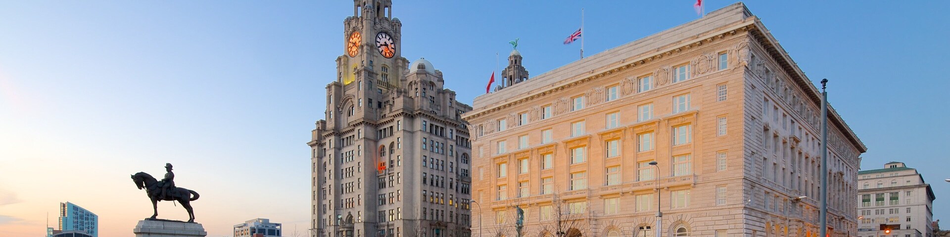 Royal Liver Building showing a sunset and heritage architecture