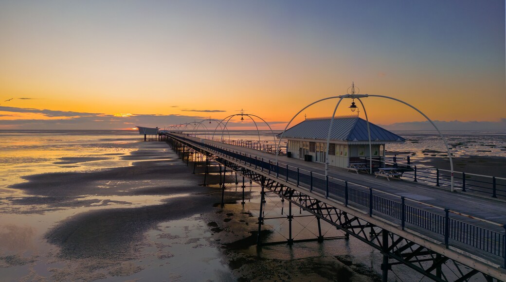 Southport, Merseyside, UK, July 24, 2023; Aerial view of Southport Pier with Stunning Sunset, Southport Merseyside