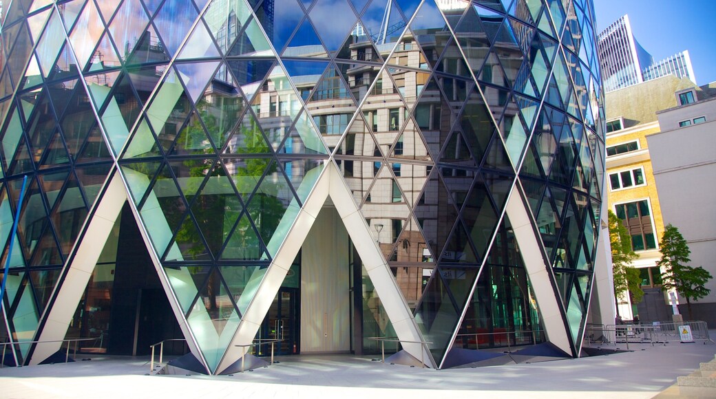 The Gherkin which includes modern architecture and city views