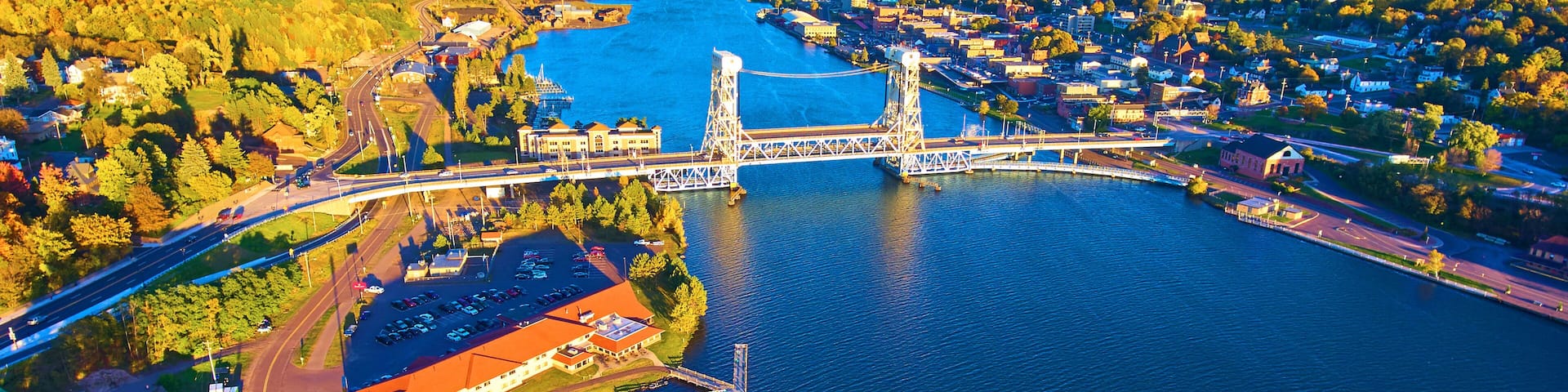 Aerial View of Portage Lake Lift Bridge at Sunset, Houghton Michigan