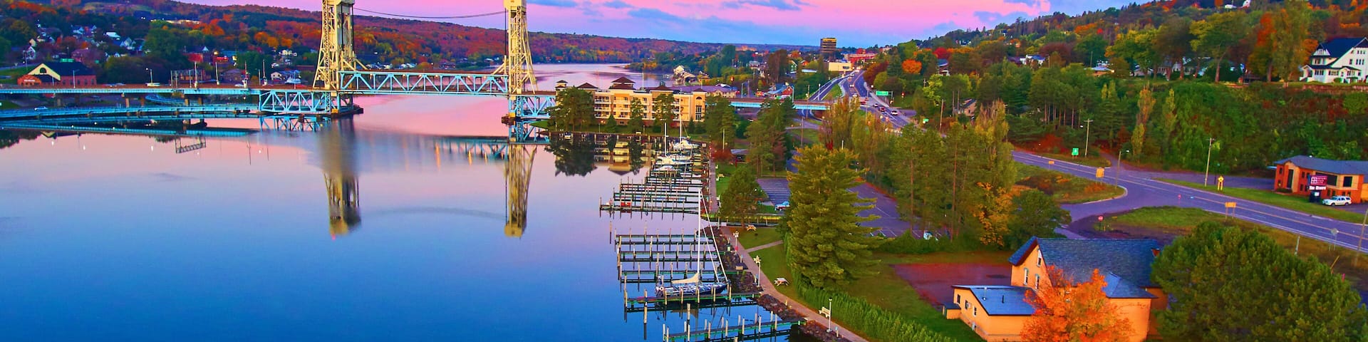 Bridge in Michigan Fall on River Harbor Sunrise Small Town Houghton Lift Bridge