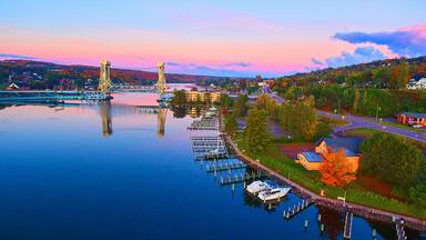 Bridge in Michigan Fall on River Harbor Sunrise Small Town Houghton Lift Bridge
