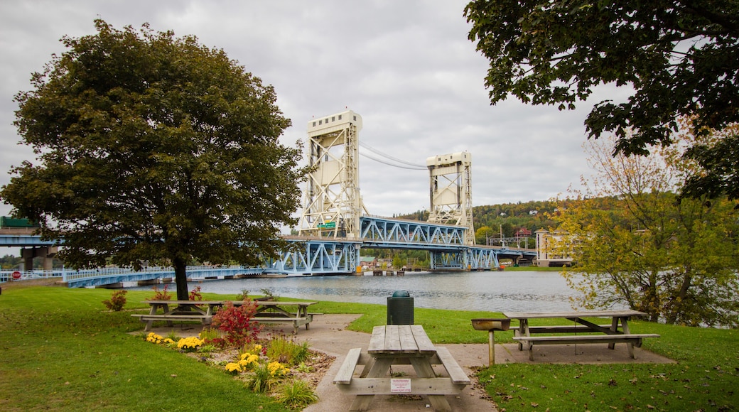 Downtown Houghton Michigan Waterfront Park. Bridgeview Park in downtown Houghton with the unusual landmark Portage Lift Bridge in the background.