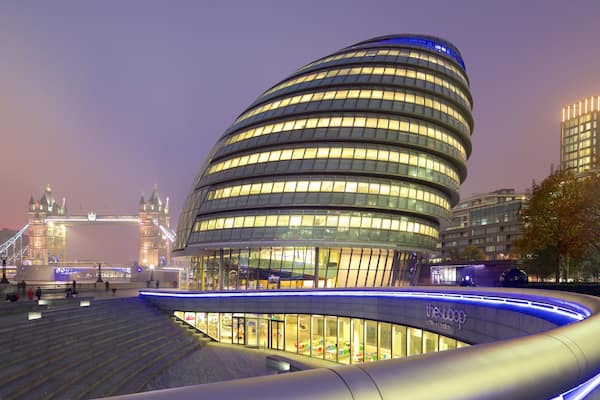 London City Hall which includes heritage architecture, modern architecture and a bridge