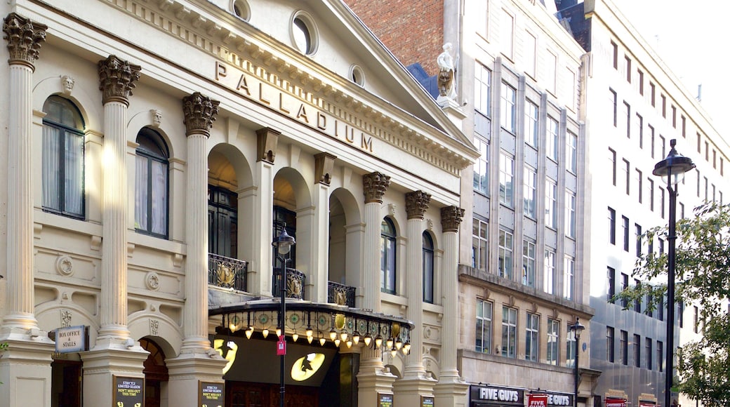 London Palladium Theatre which includes signage, heritage architecture and theatre scenes