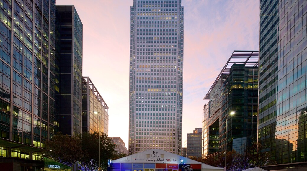 One Canada Square featuring a city, a high-rise building and a sunset