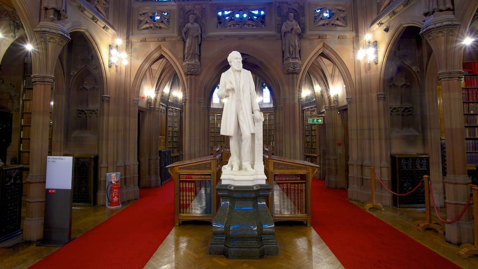 John Rylands Library showing interior views, a statue or sculpture and art