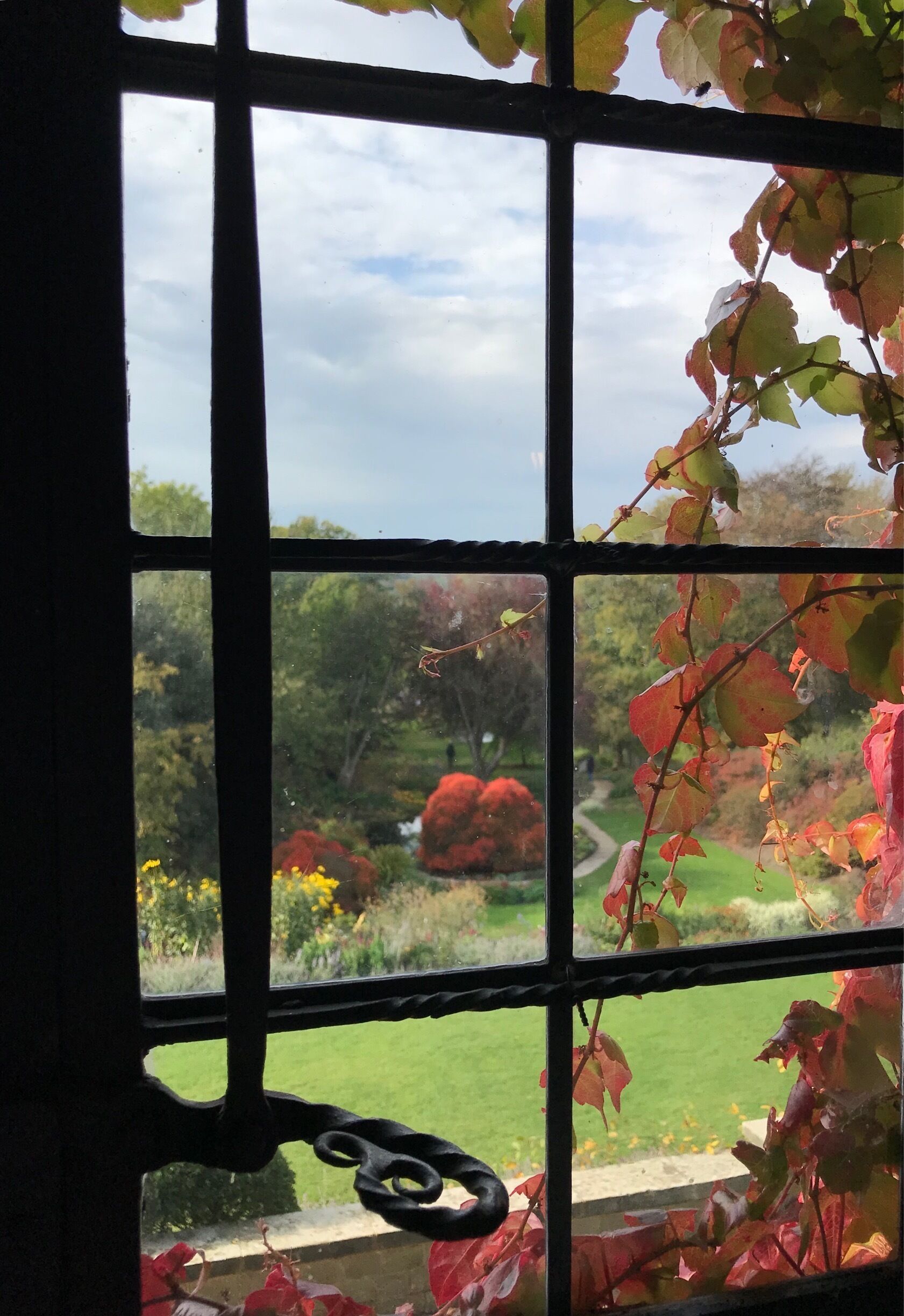View out of the window of the house at Mount Grace Priory looking towards the beautiful gardens. This is an English Heritage site.