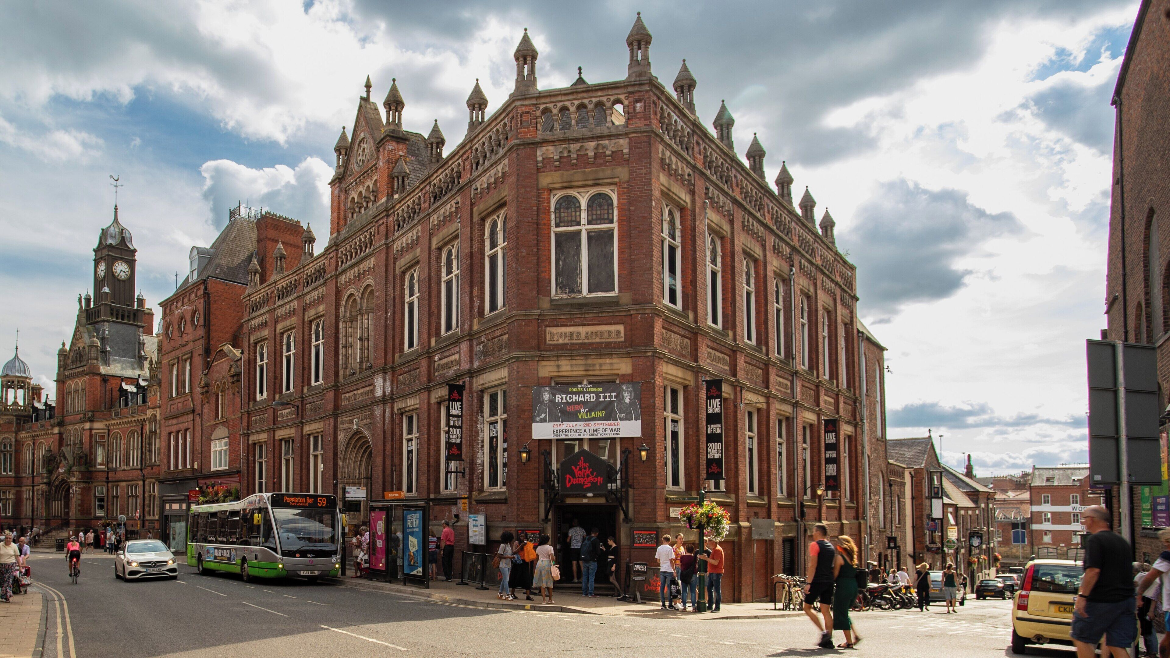 Exploring York Dungeon in City Centre York, England, showcasing historic architecture and vibrant street life