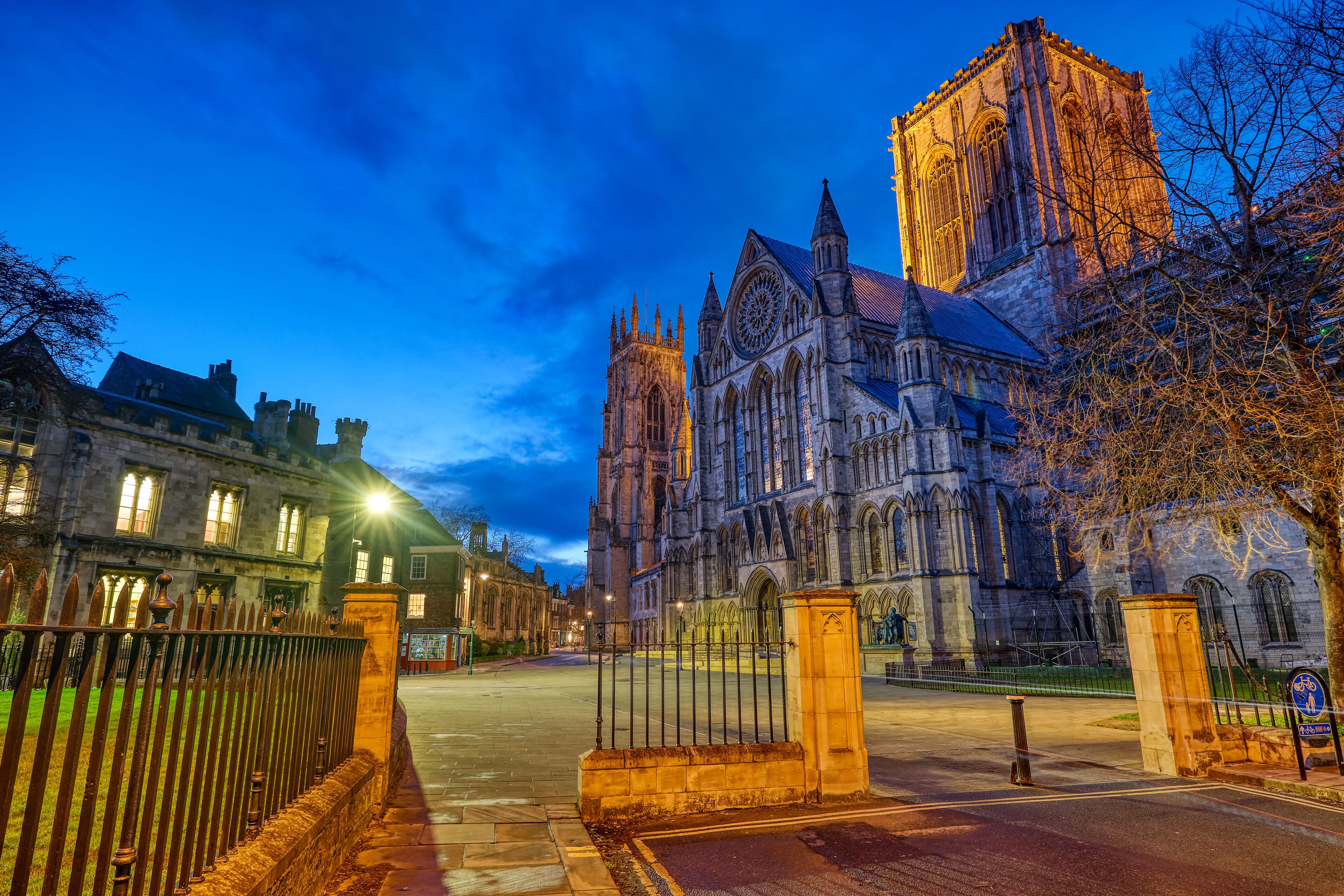 The imposing York Minster in England at night
