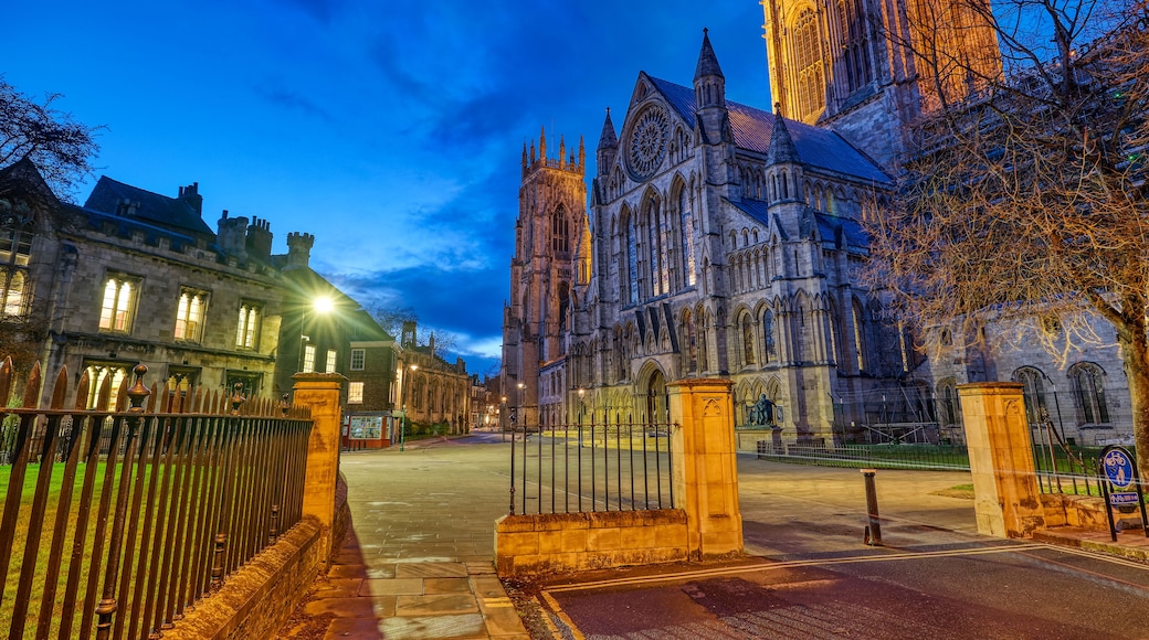 The imposing York Minster in England at night
