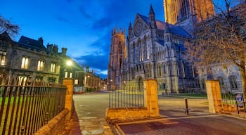 The imposing York Minster in England at night